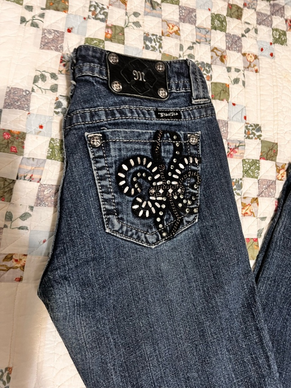 Miss Me Blue Skinny Jeans with Rhinestone Embellished Back Pocket
